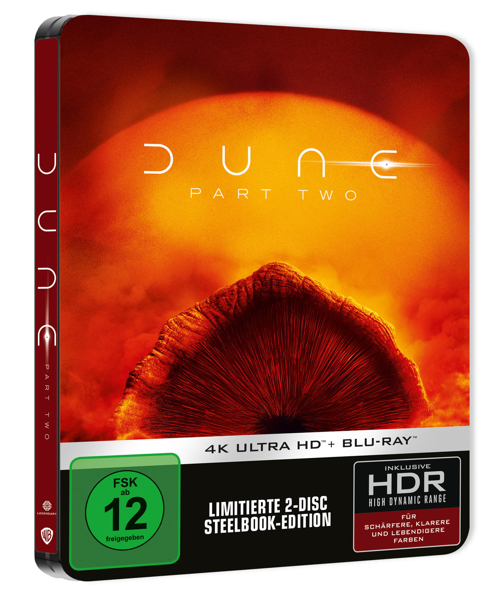 Dune: Teil Zwei Steelbook. Oranger Hintergrund, Text und roter Rücken. Enthält 4K Ultra HD und Blu-ray.