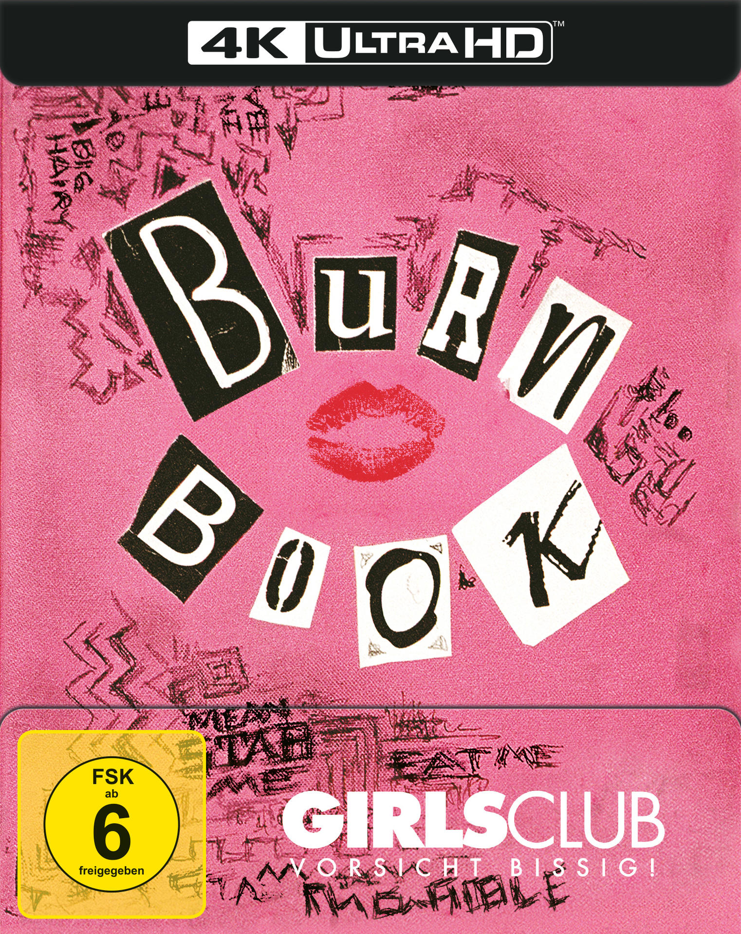 Burn Book DVD-Cover: rosa Hintergrund, verstreute Wörter, ein Kussmund und der Titel.