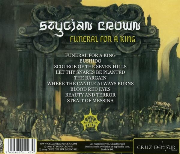 Albumcover mit Text. Titel: 'Funeral For A King'. Text: 'Stygian Crown'. Artwork zeigt eine Szene.