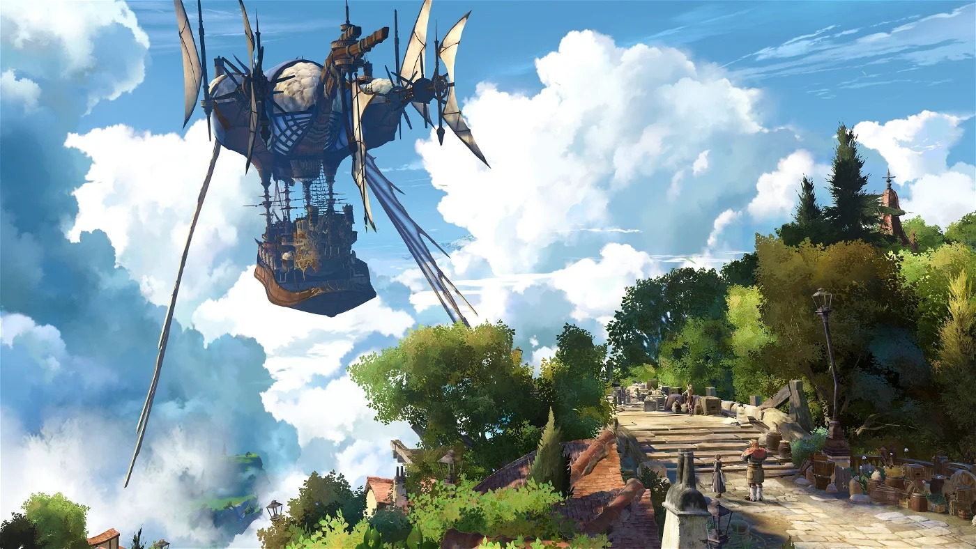 Illustratie van een steampunk luchtschip over een dorp. Lucht, wolken, landschap.