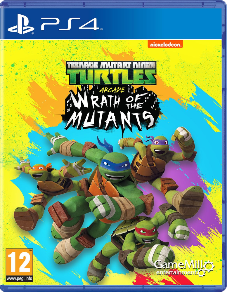 Teenage Mutant Ninja Turtles game cover. Schildpadden vechten op een blauwe achtergrond met tekst.