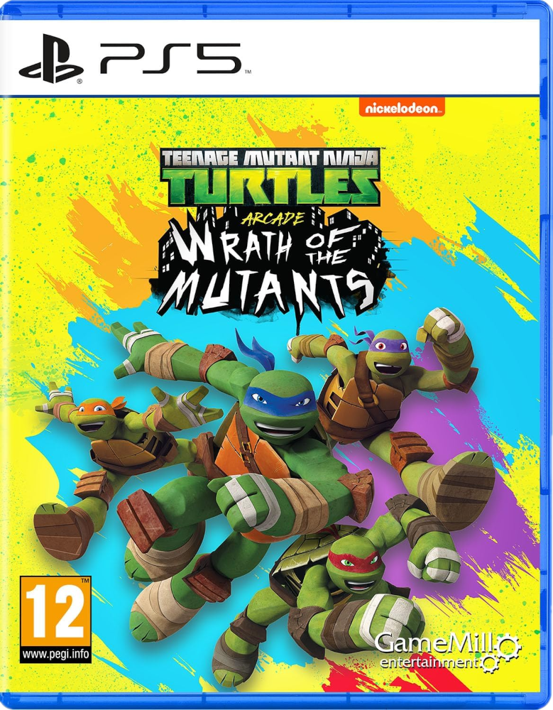 PS5-gamecase, Teenage Mutant Ninja Turtles: Wrath of the Mutants, met Turtles in actie.