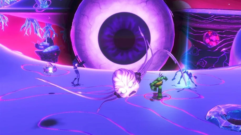 Een videogame-scène met personages in een surrealistische paarse omgeving.