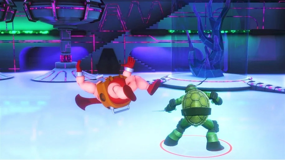Teenage Mutant Ninja Turtles cartoon. Een schildpad vecht tegen een robot.