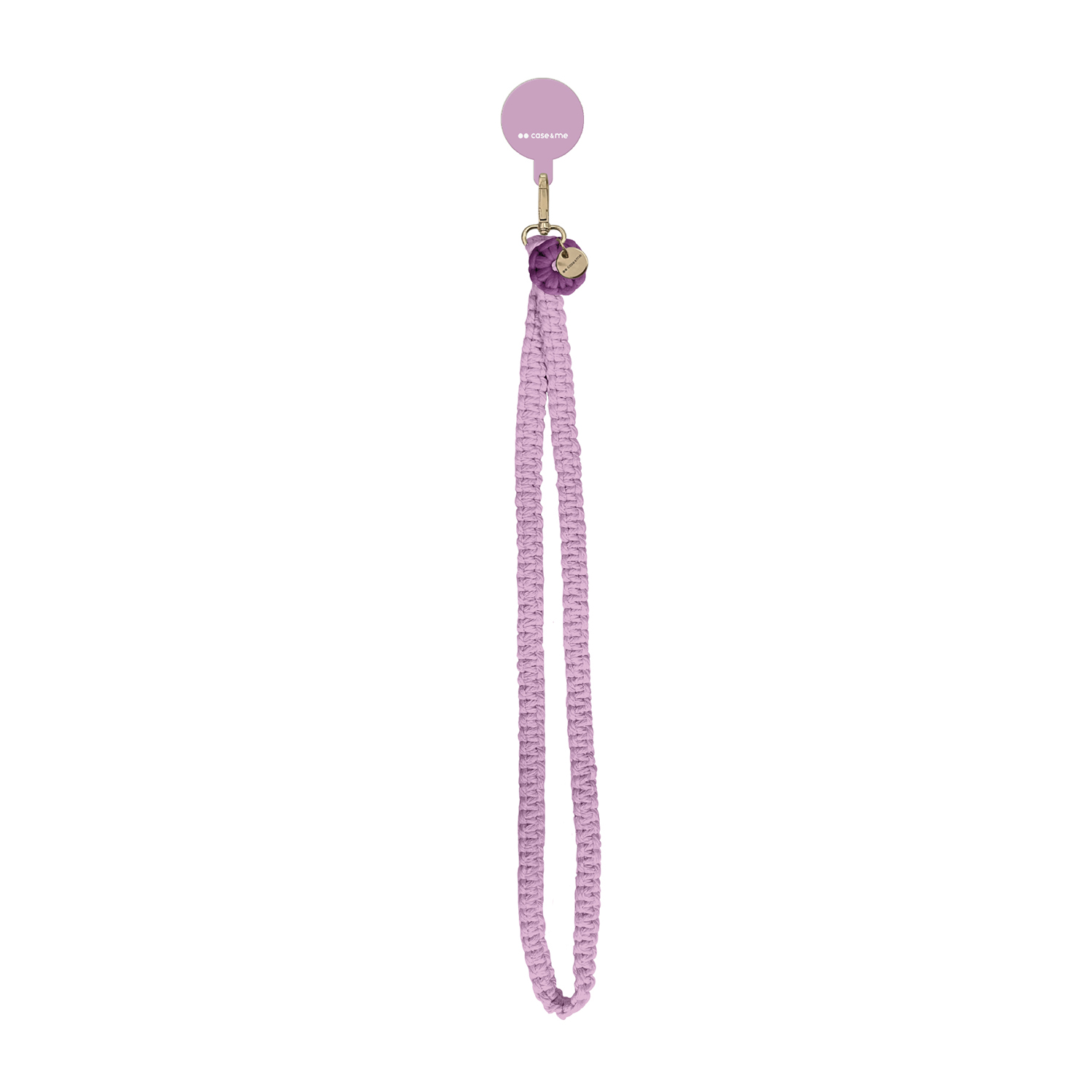 Un cinturino per telefono lilla chiaro con un piccolo ciondolo, collegato a una base rotonda viola.