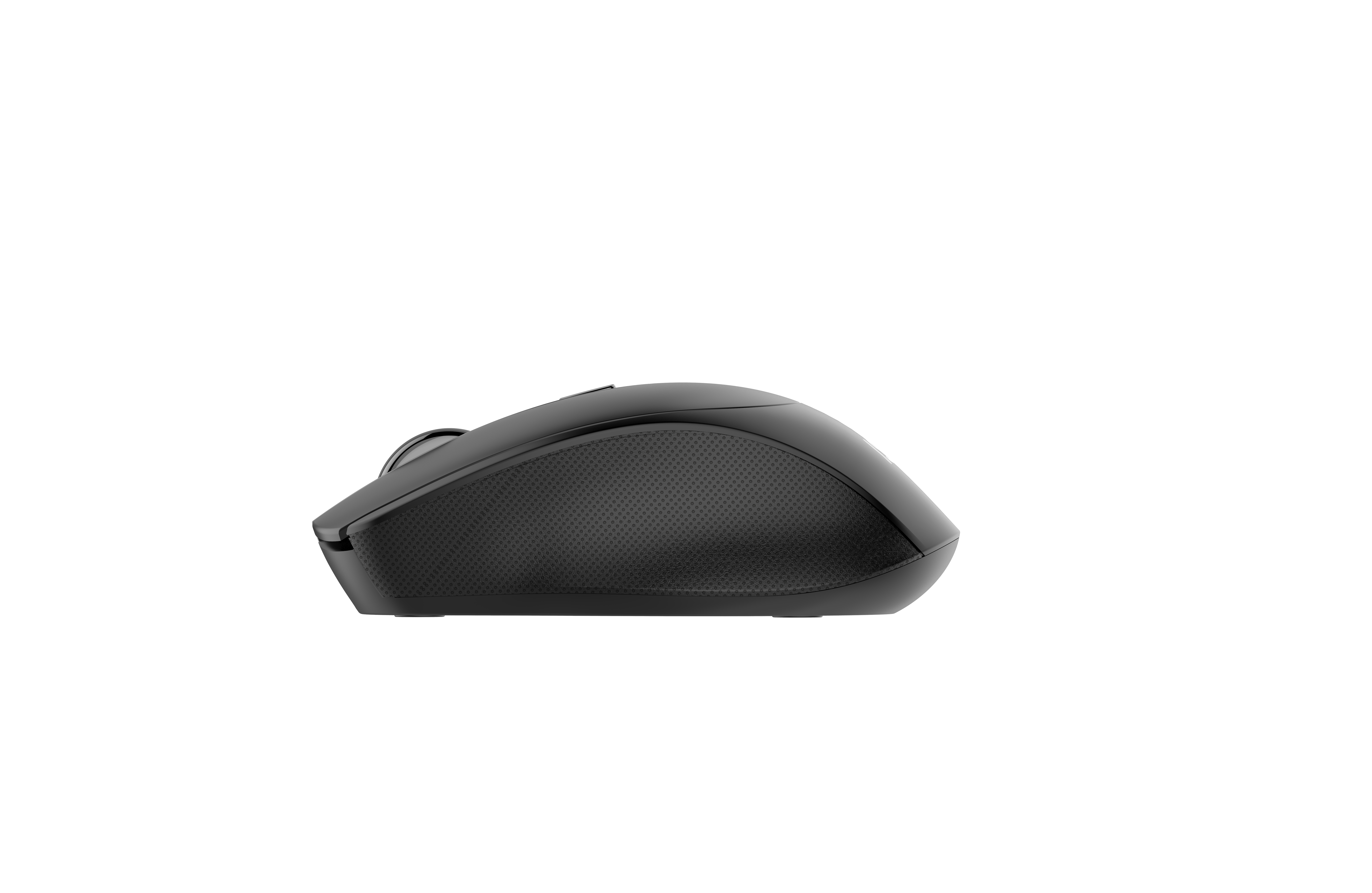 Schwarze Computermaus. Sie liegt auf einer weißen Oberfläche.
