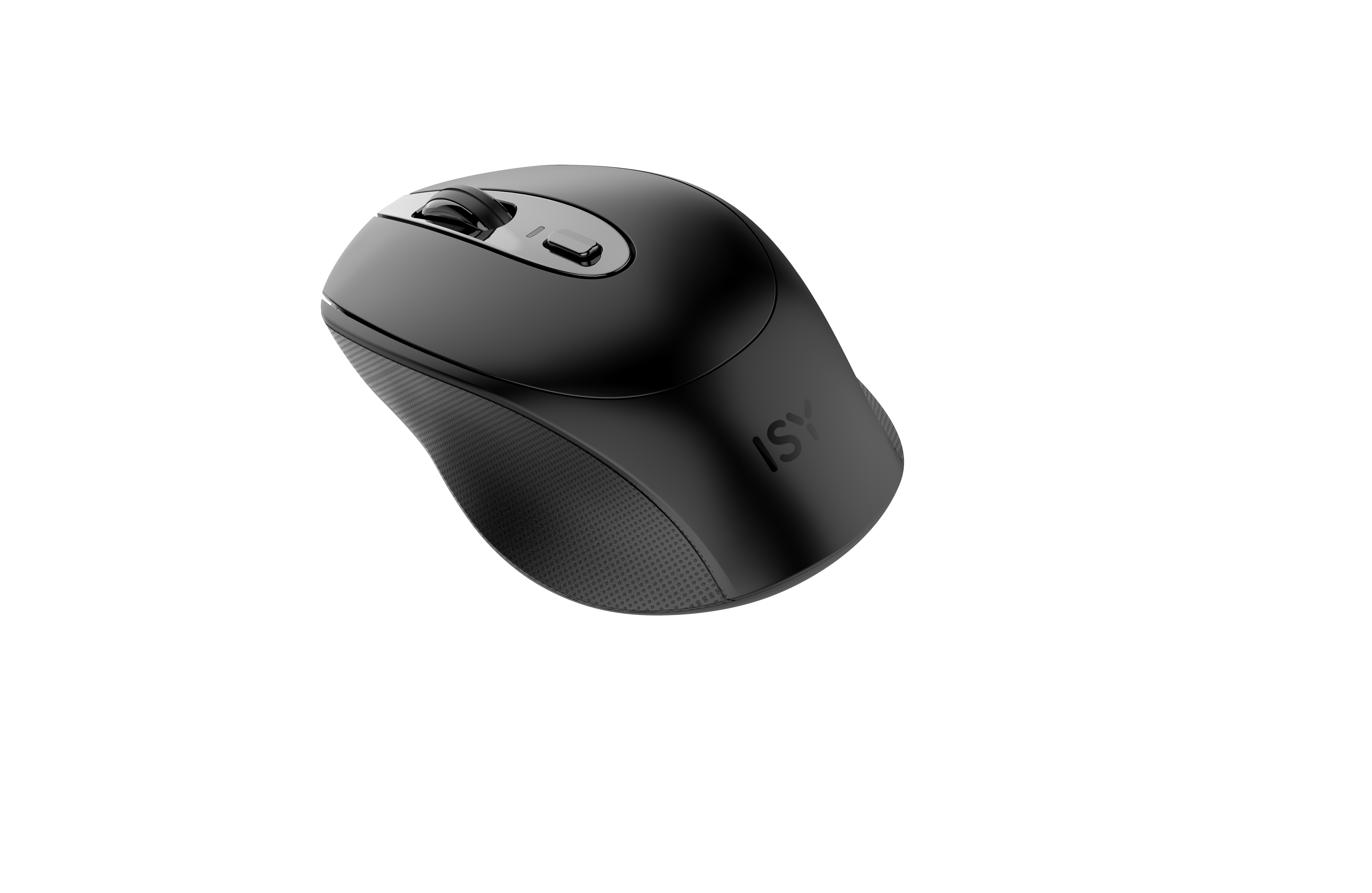Eine schwarze kabellose Maus mit einem Scrollrad und Tasten, die auf einer weißen Oberfläche nach oben geneigt ist.