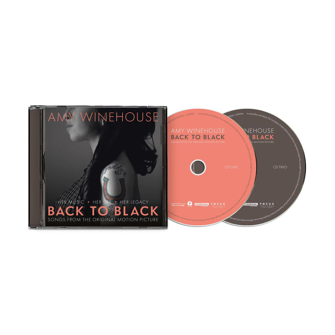 Albumcover: Amy Winehouse Back to Black. Zwei CDs sind sichtbar. Das Cover zeigt ihr Bild.