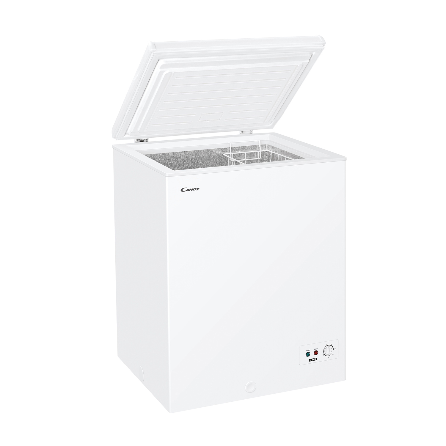 Congelatore Candy bianco con coperchio aperto. Ha un controllo della temperatura.