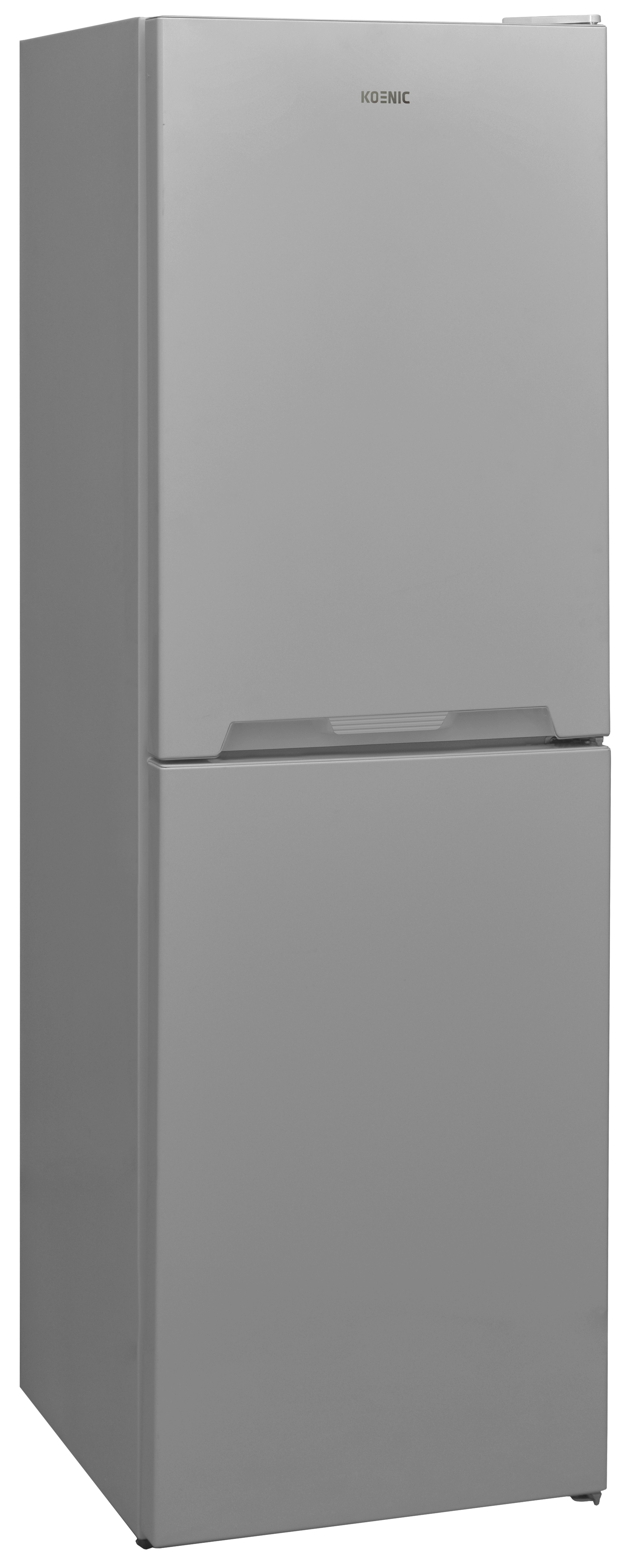 Srebrna lodówka Koenic z zamkniętymi drzwiami, dwie sekcje, z poziomym uchwytem.