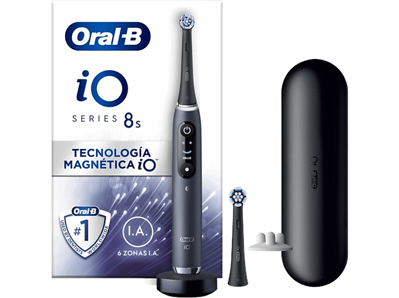 Cepillo eléctrico - Oral-B iO 8S, Con 2 Cabezales y 1 Estuche De Viaje, Diseñado Por Braun, Negro