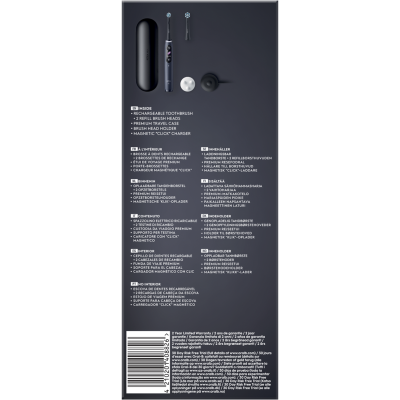 Caja con texto en varios idiomas, mostrando el contenido de un cepillo de dientes recargable.