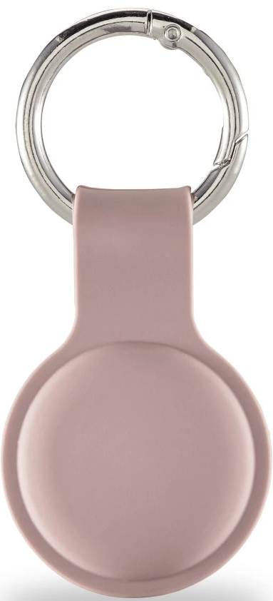 Rosa AirTag-Halterung mit silbernem Schlüsselring.
