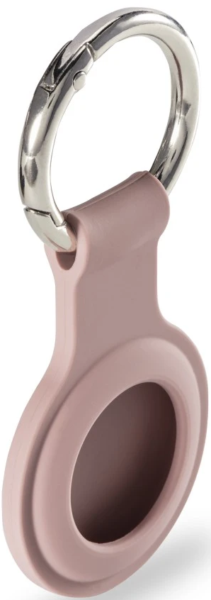Ein rosa AirTag-Halter mit einem silbernen Karabinerhaken. Der Halter ist rund mit einem Loch.