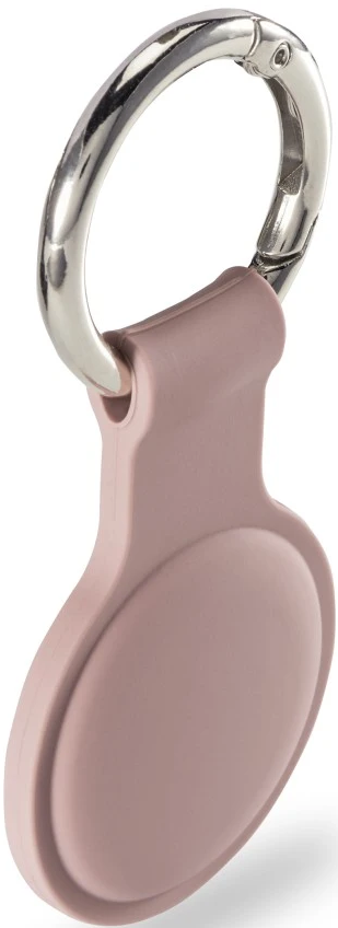 Rosa AirTag-Halterung mit silbernem Schlüsselring.