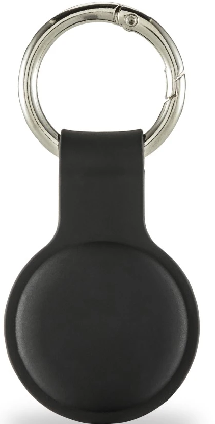 Schwarzer AirTag-Halter mit einem silbernen Ring zum Befestigen an Schlüsseln oder anderen Gegenständen.