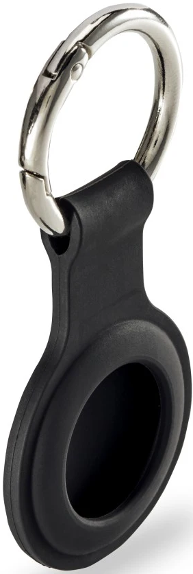 Schwarzer AirTag-Halter mit silbernem Schlüsselring. Der Halter ist rund und aus Gummi.