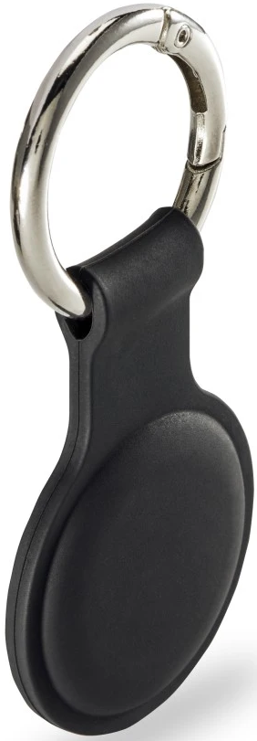 Ein schwarzes, ovales Gerät mit einem silbernen Ring und Verschluss.