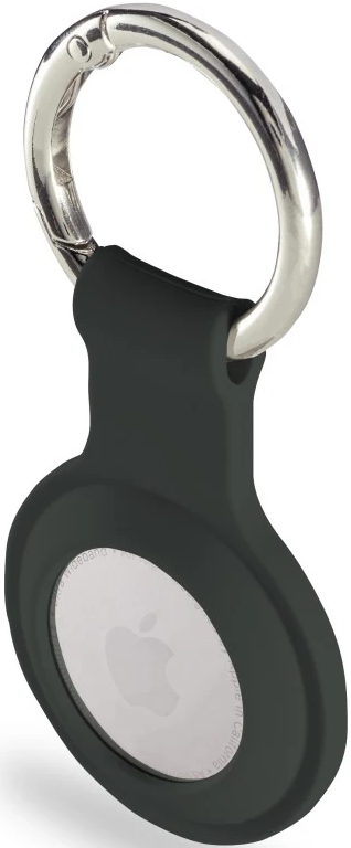 Eine schwarze AirTag-Hülle mit einem silbernen Karabiner.