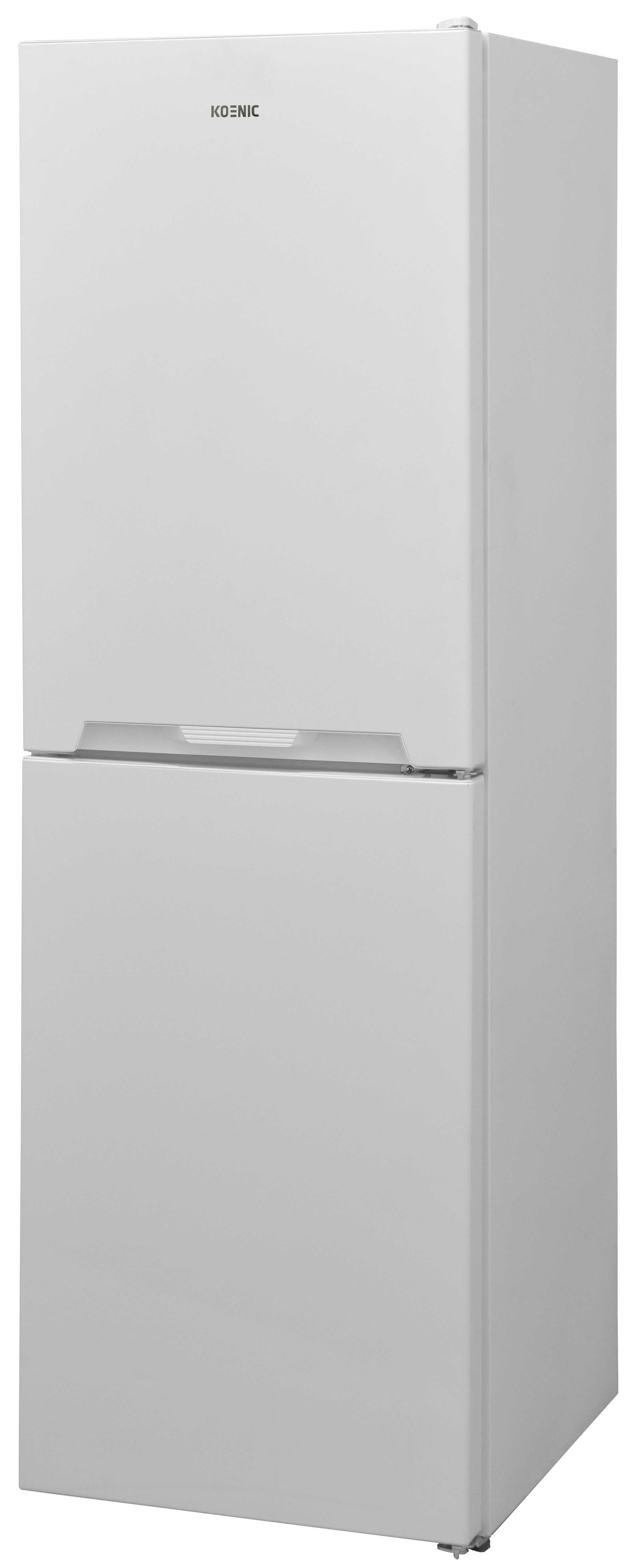 Biała lodówka Koenic z górnymi i dolnymi drzwiami.