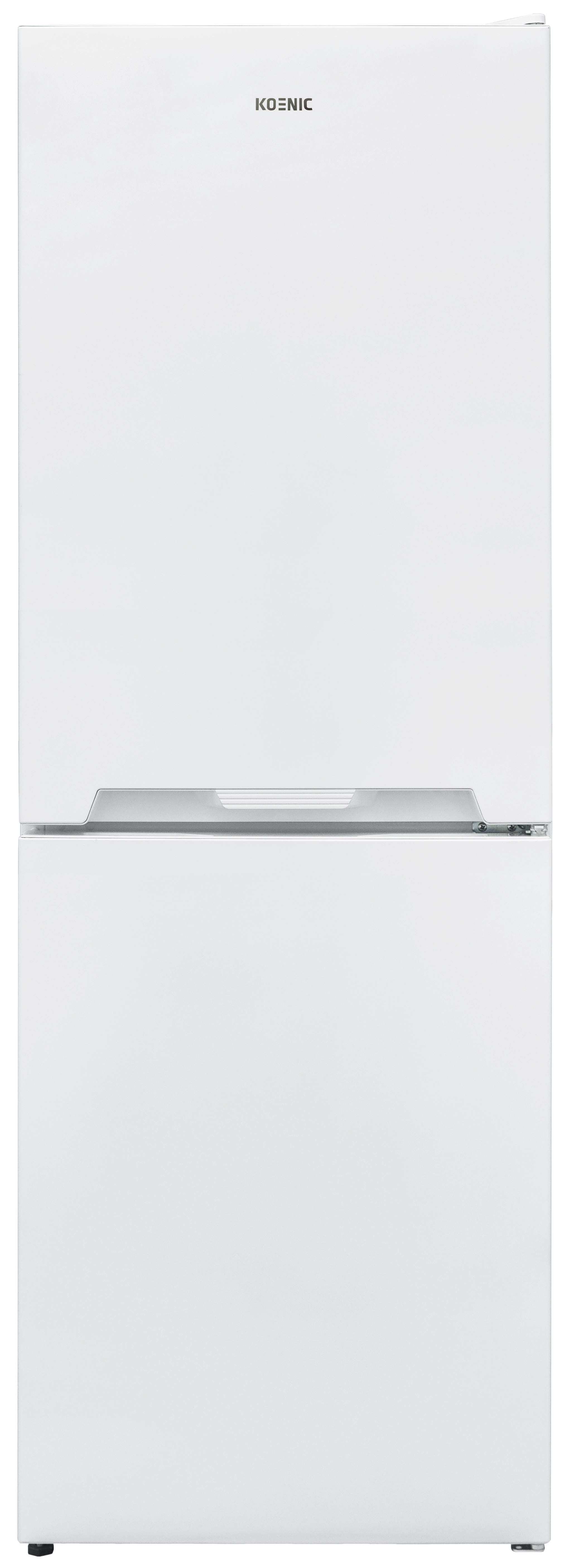 Biała lodówka Koenic, dwudrzwiowa, z marką na górze, czysty design.
