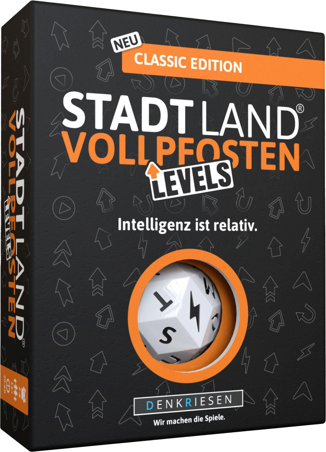Spielbox für Stadt Land Vollpfosten Levels. Schwarze Box mit Würfel und Text.