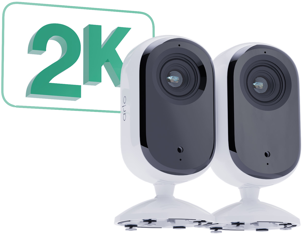 Zwei Arlo 2K Sicherheitskameras mit 2K-Textüberlagerung.