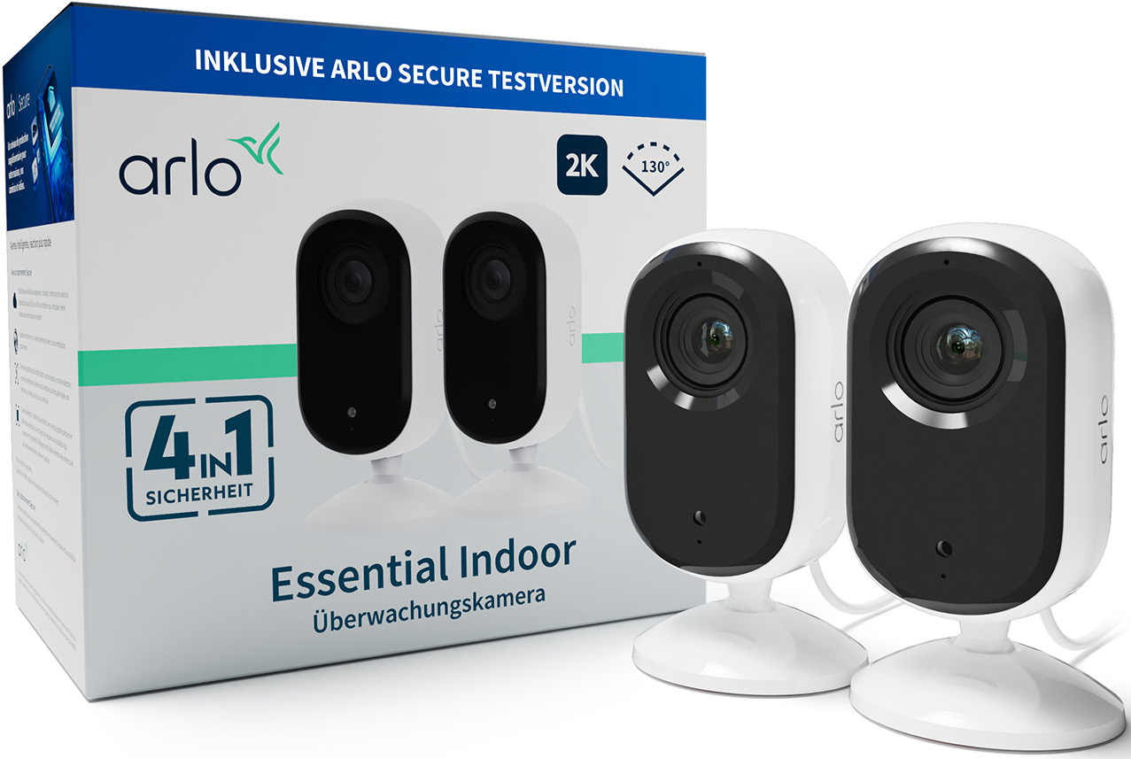 Arlo Essential Indoor Sicherheitskameras. Zwei Kameras und eine Box mit Branding und Funktionen.