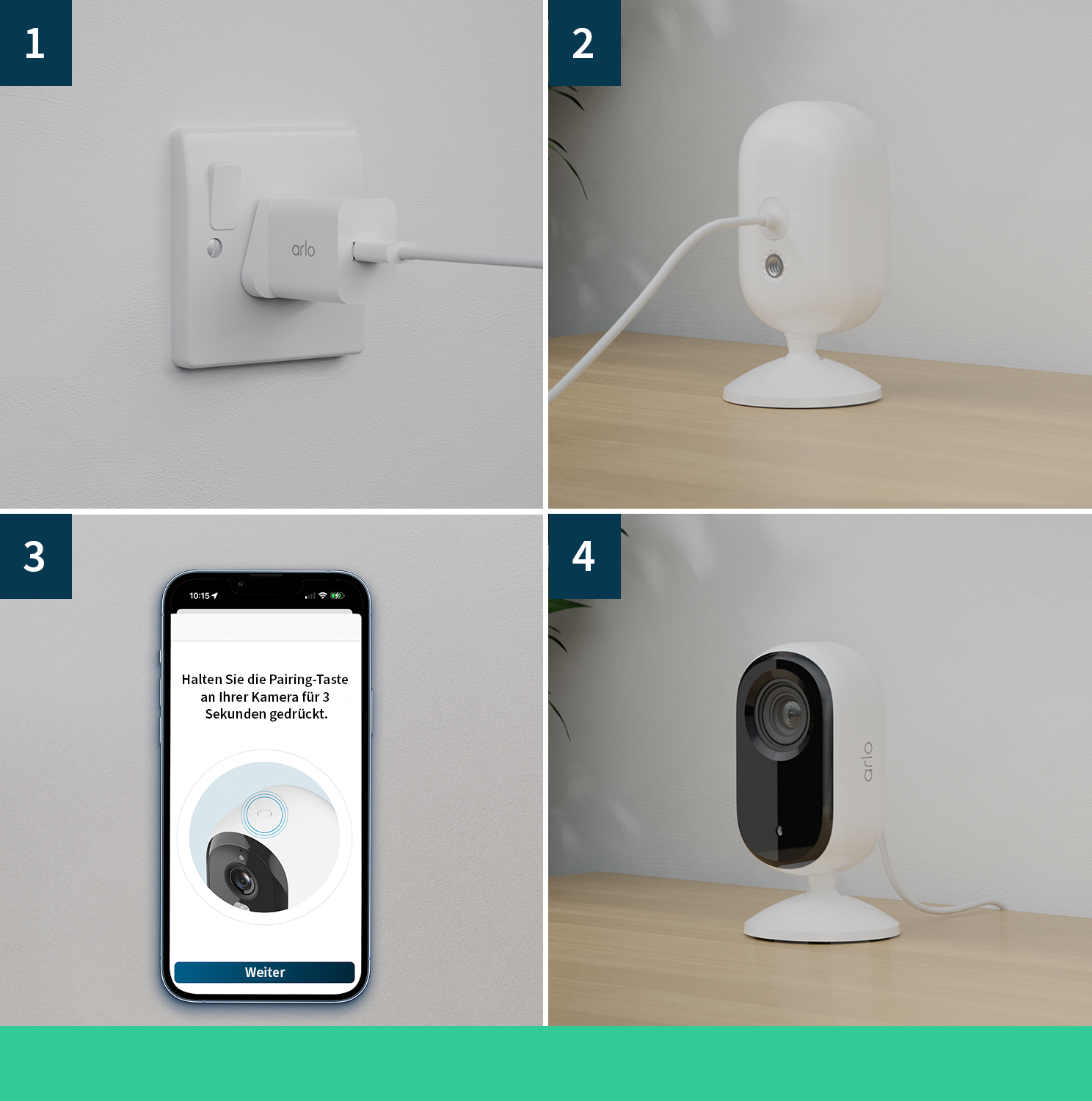 Vierteiliges Bild: Stecker, Kamera verbunden, Telefonbildschirm, Kameraansicht. Weißer Hintergrund.