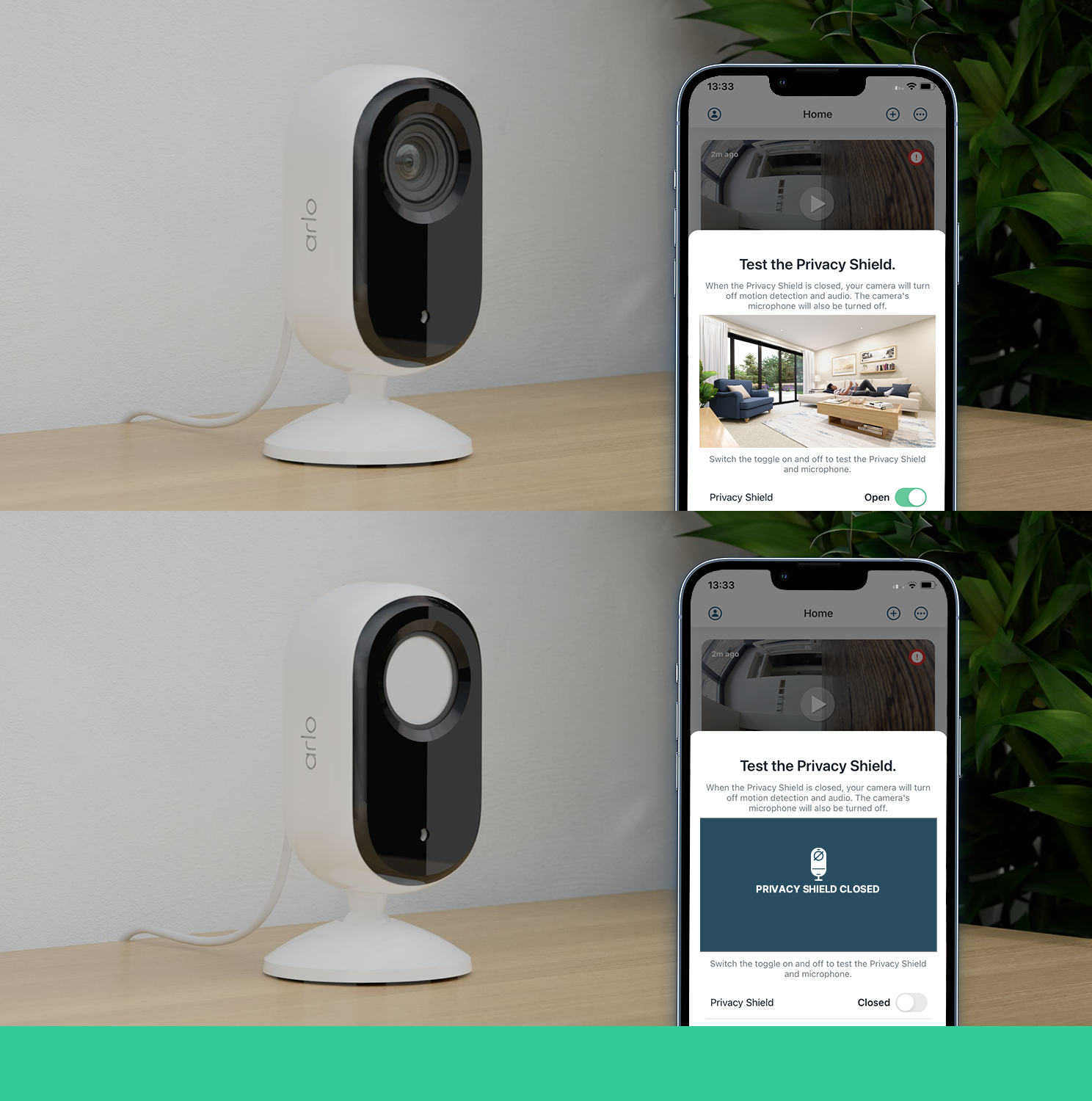 Weiße Überwachungskamera und Telefon-App mit Einstellungen. Kamera hat ein schwarzes Objektiv.