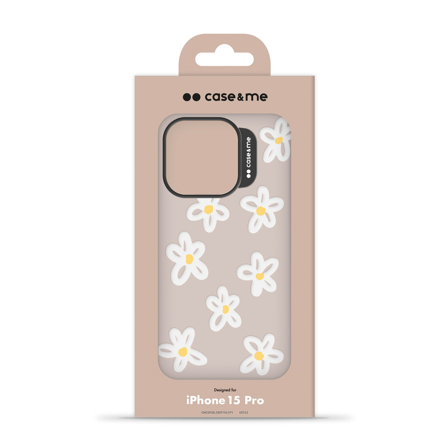 Custodia per iPhone 15 Pro in confezione. La custodia è beige con disegni floreali bianchi.