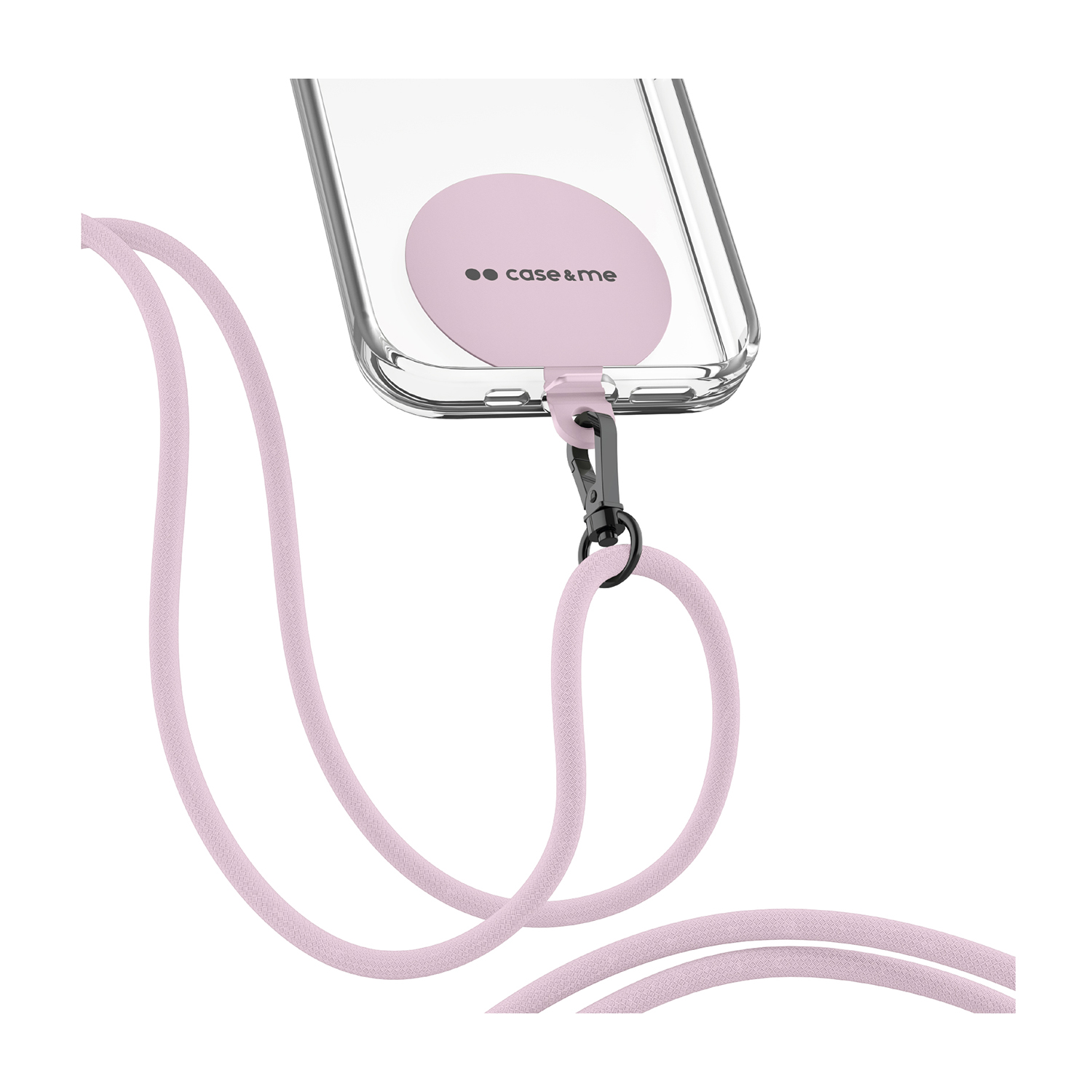 Una custodia per telefono rosa con un cordino. La custodia ha un logo circolare e il cordino è rosa.