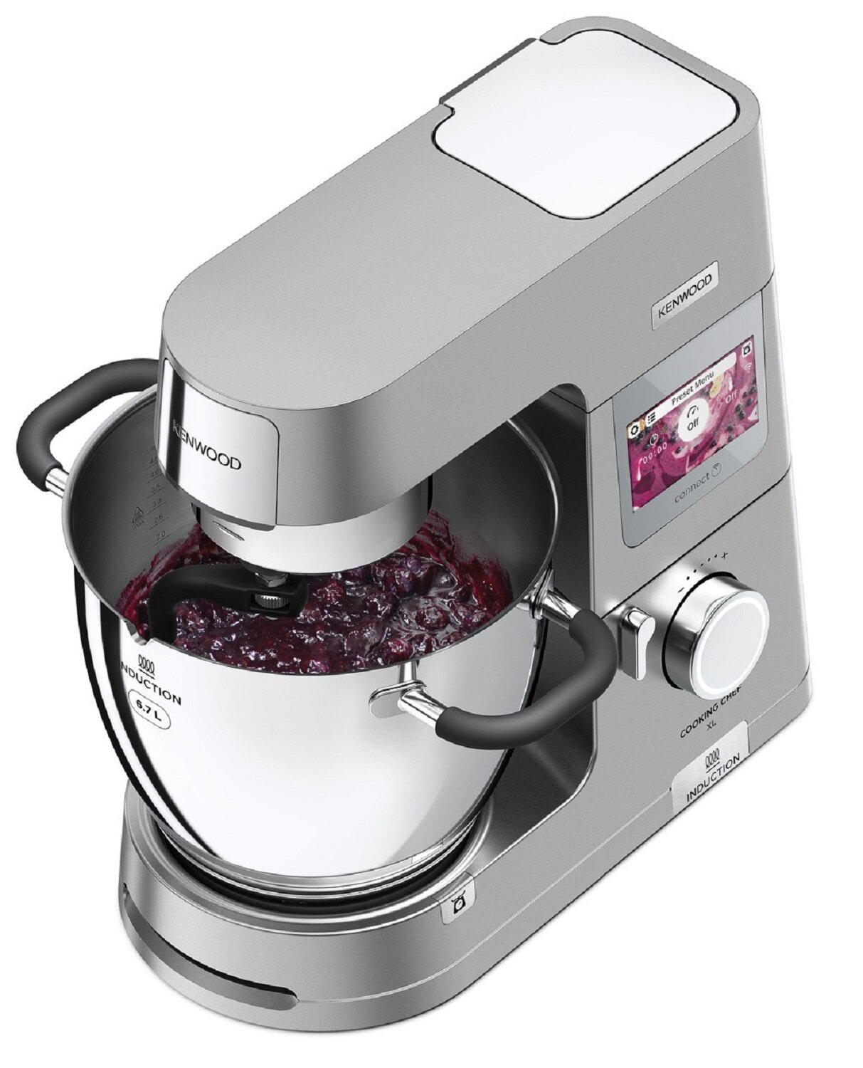 Srebrna maszyna kuchenna Kenwood mieszająca czerwone składniki w misce, z ekranem dotykowym.