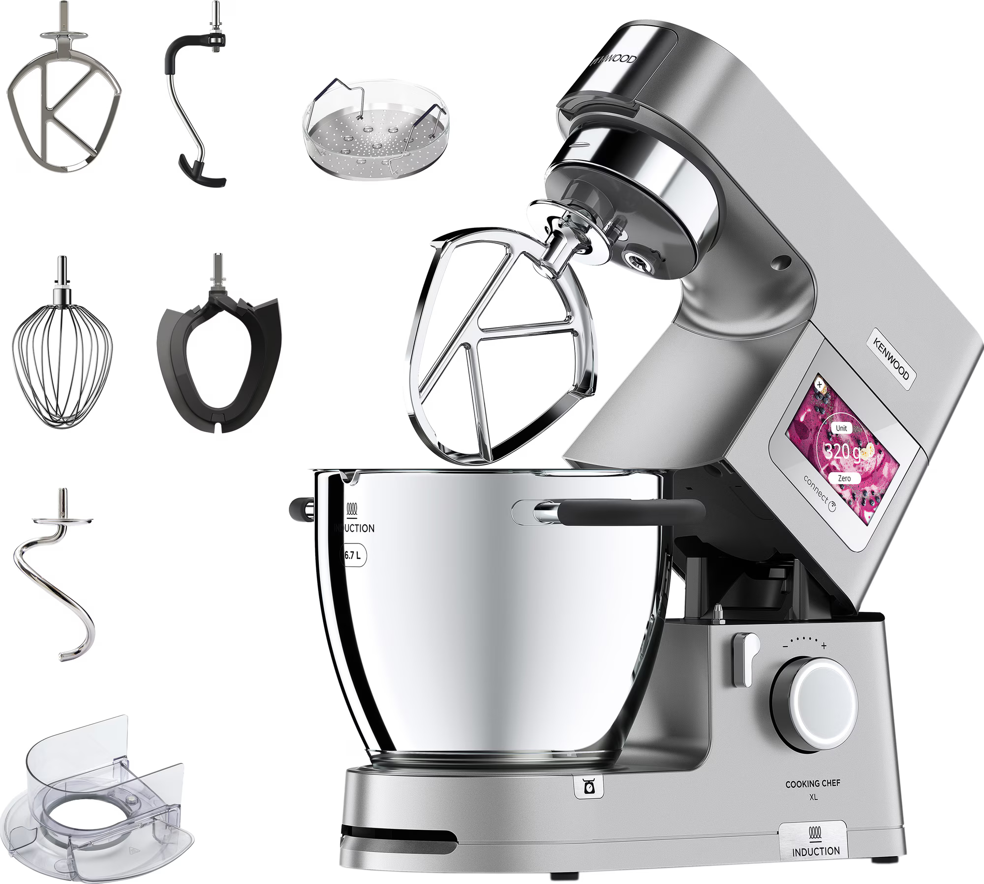 Mikser stojący Kenwood z przystawkami. Mikser jest srebrny i ma wyświetlacz cyfrowy.