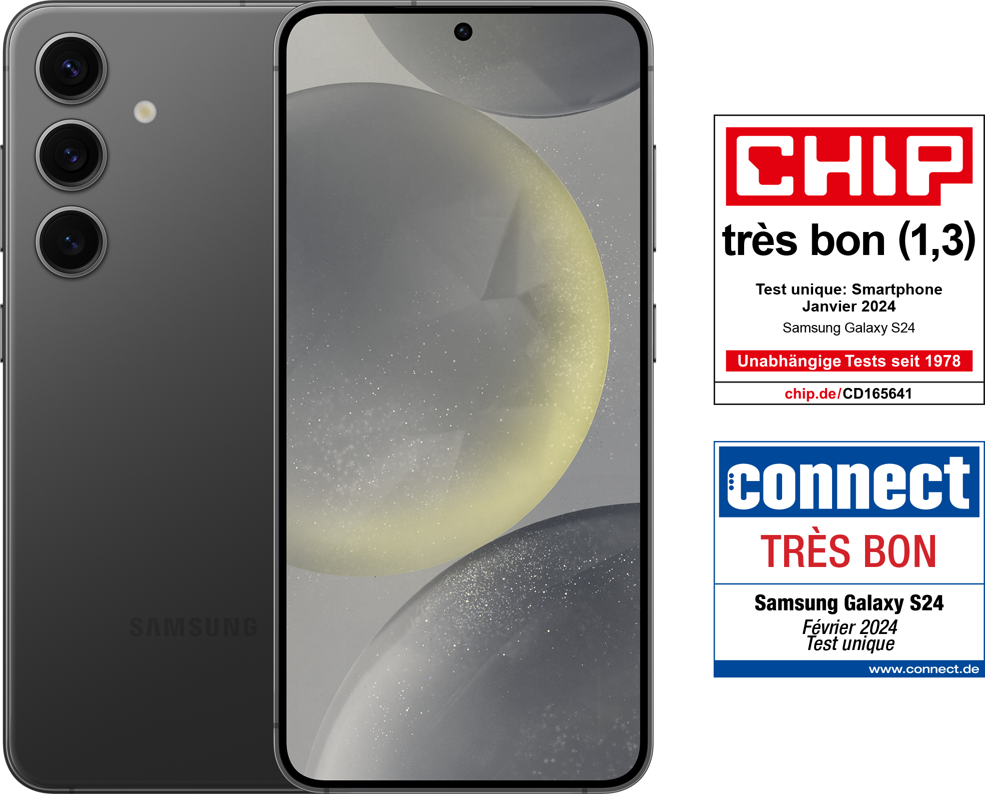 Dunkelgraues Samsung Galaxy S24 Smartphone mit Bewertungen von Chip und Connect.