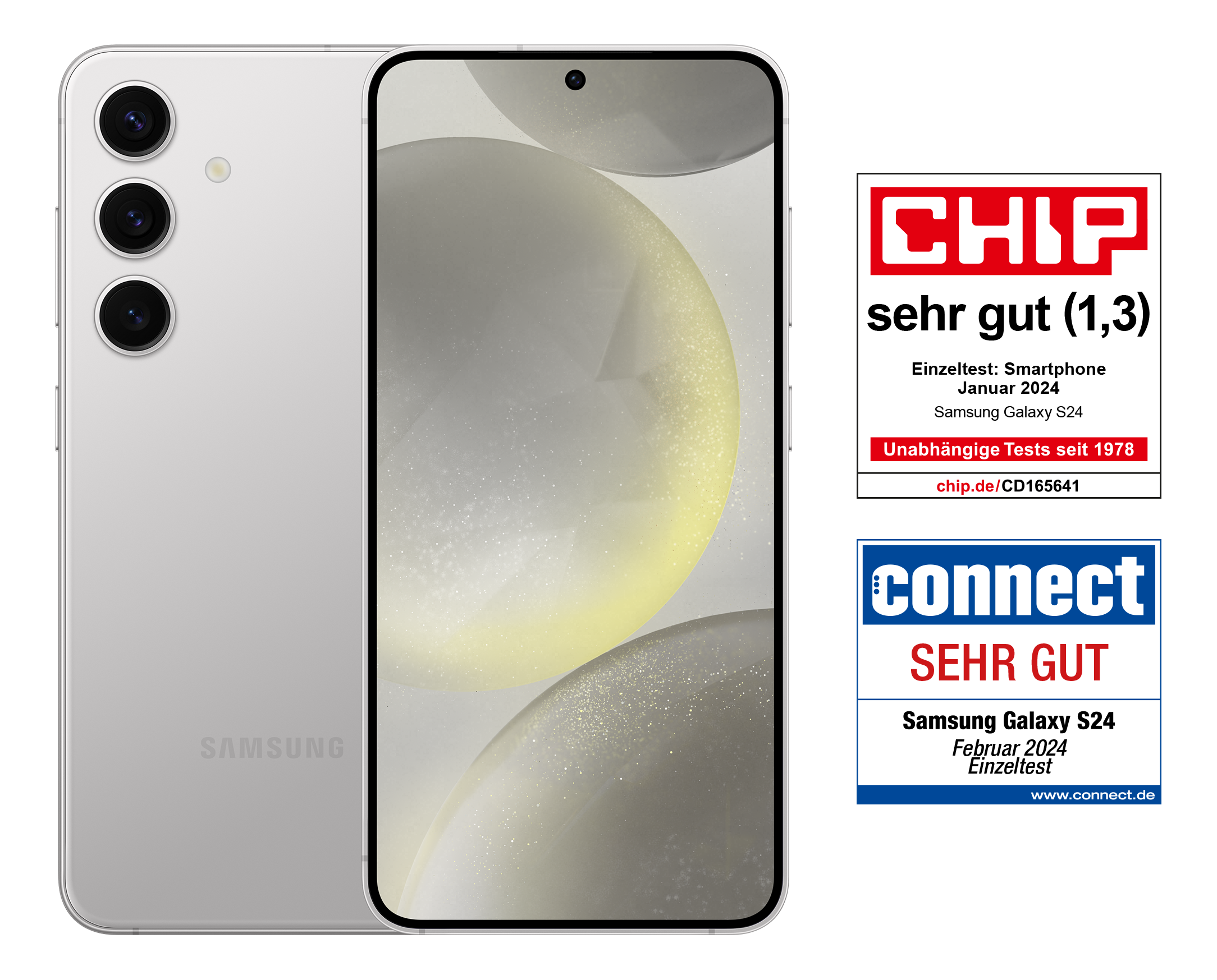 Silbernes Telefon mit drei Kameras und zwei Bewertungen in der Ecke. Weißer Hintergrund.