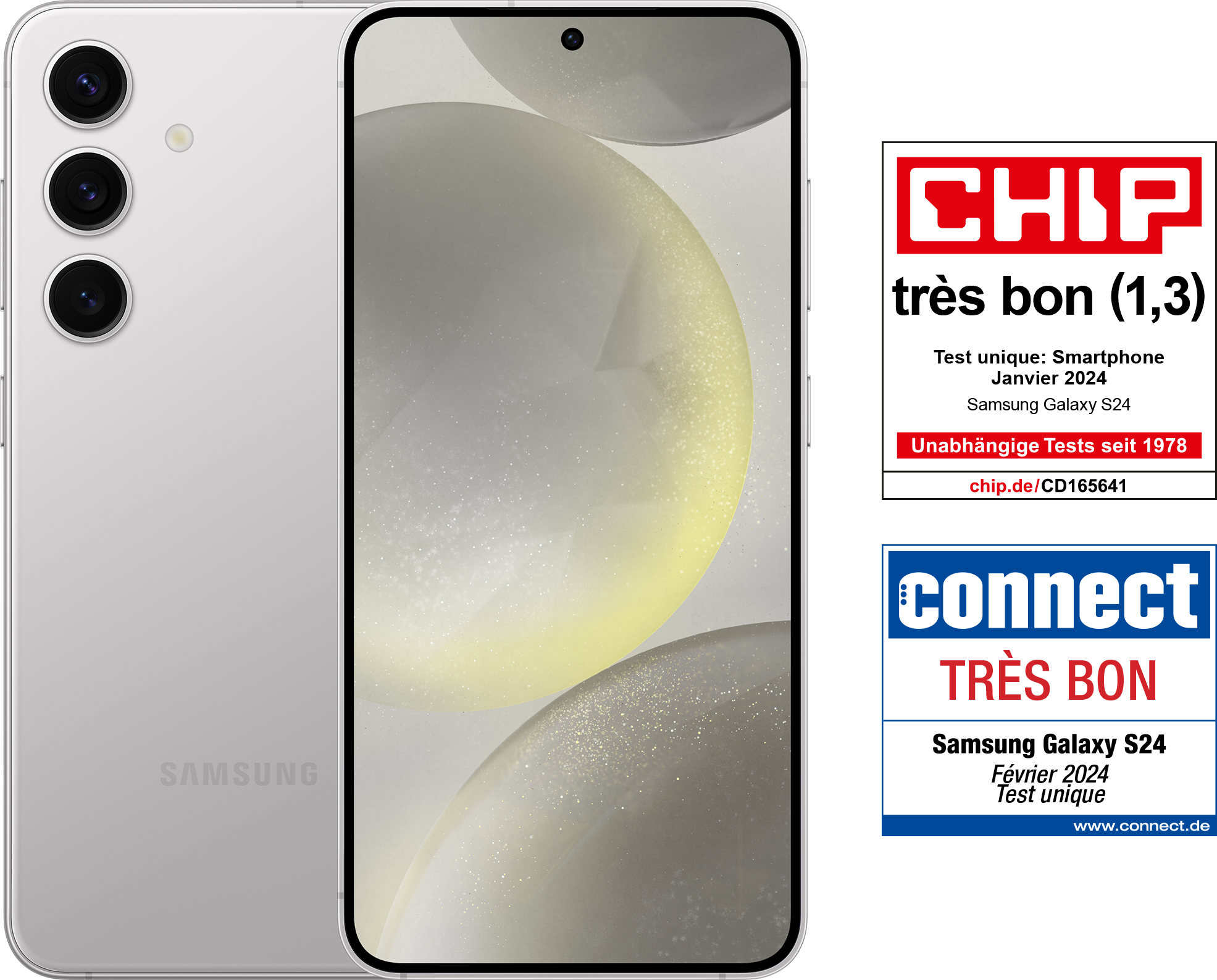 Silbernes Smartphone mit Dreifachkameras und Markenlogo. Zwei Testauszeichnungen: CHIP und connect, beide Très Bon.