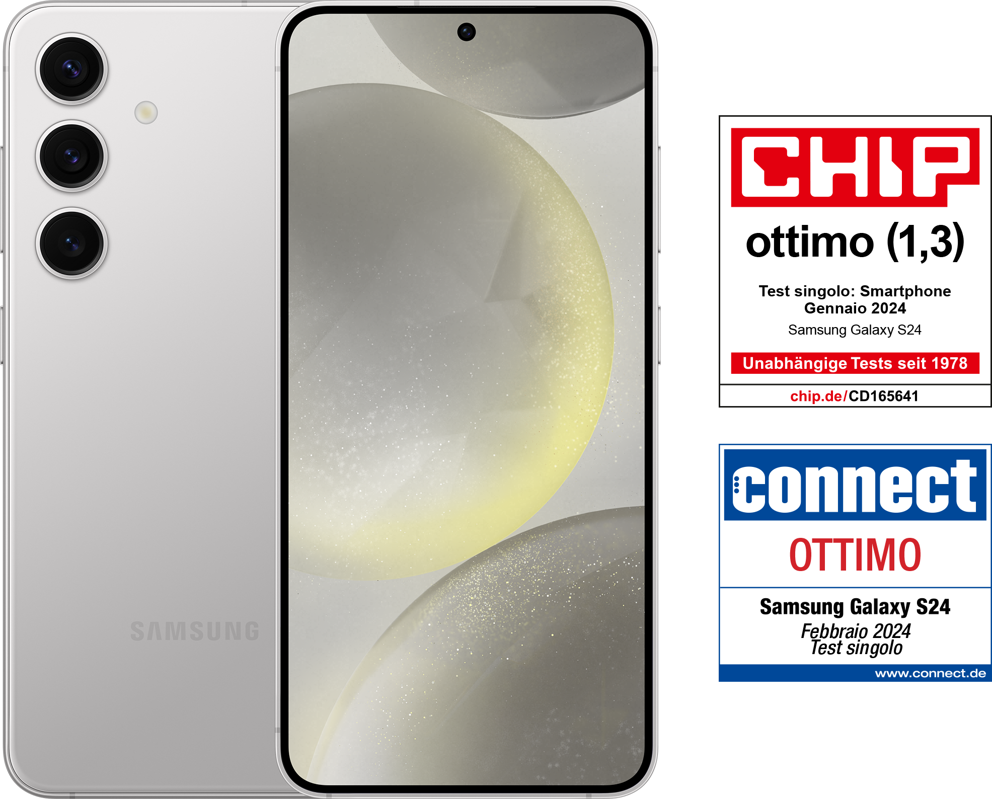 Ein silbernes Smartphone mit drei Kameras und zwei Testauszeichnungen auf weißem Hintergrund.