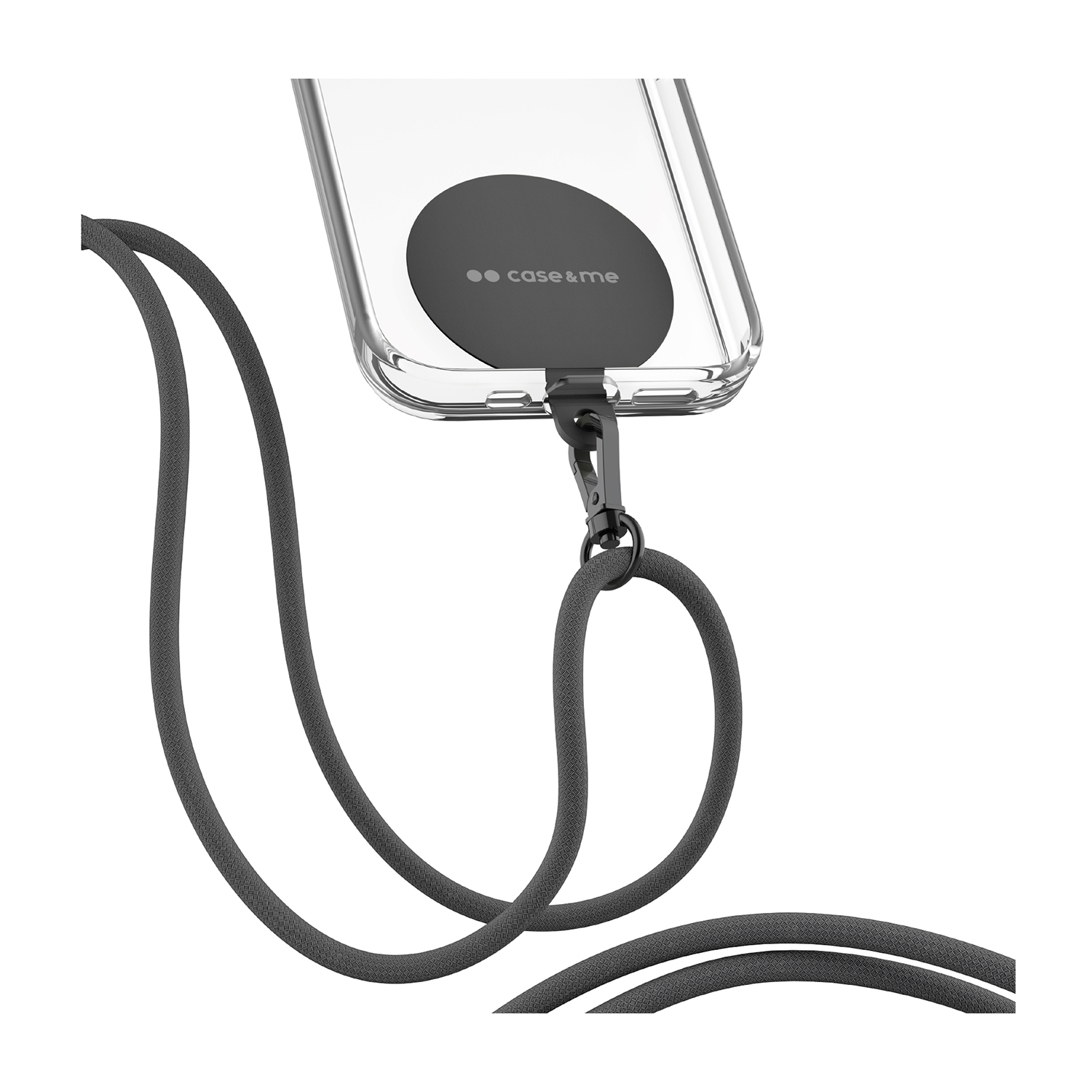 Custodia trasparente per telefono con cinturino nero. La custodia ha un cerchio nero con testo "case&me".