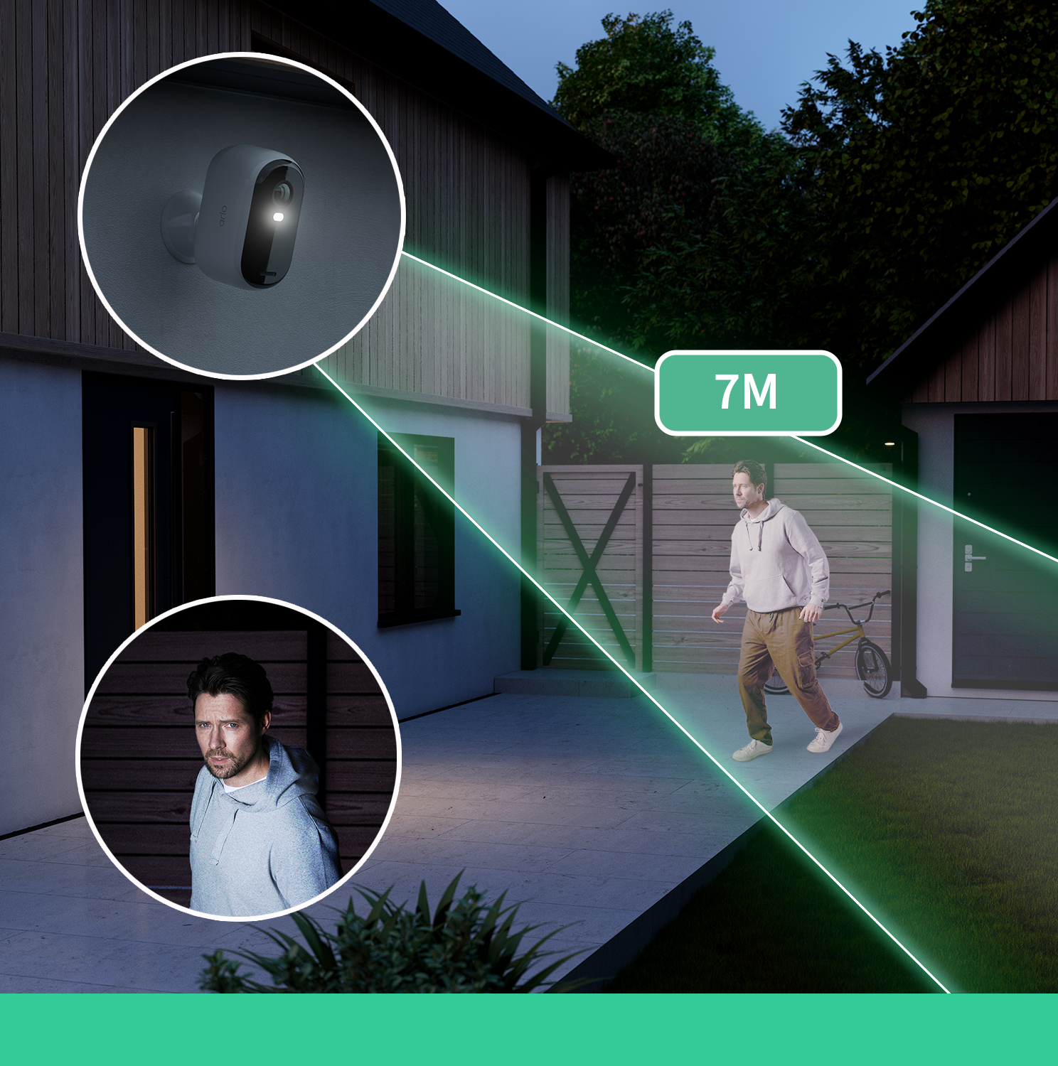 Telecamera di sicurezza illumina un uomo che cammina in giardino, con primi piani della telecamera e del viso.