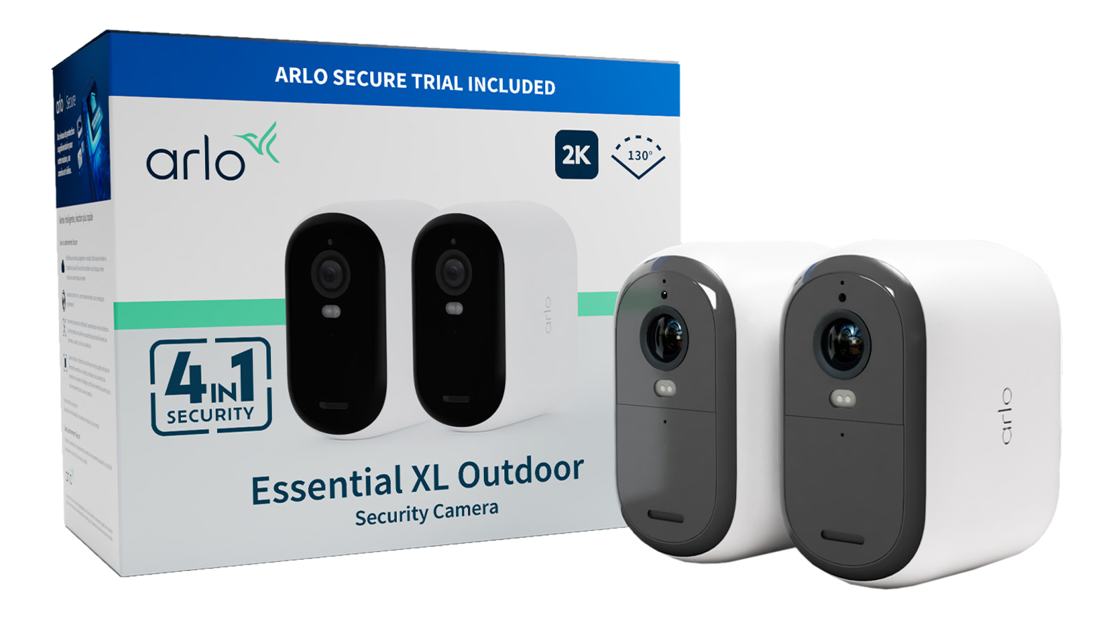 Due telecamere di sicurezza Arlo Essential XL Outdoor bianche e nere davanti alla loro confezione.