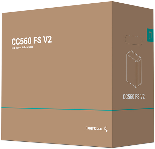 Egy barna kartondoboz CC560 FS V2 felirattal.
