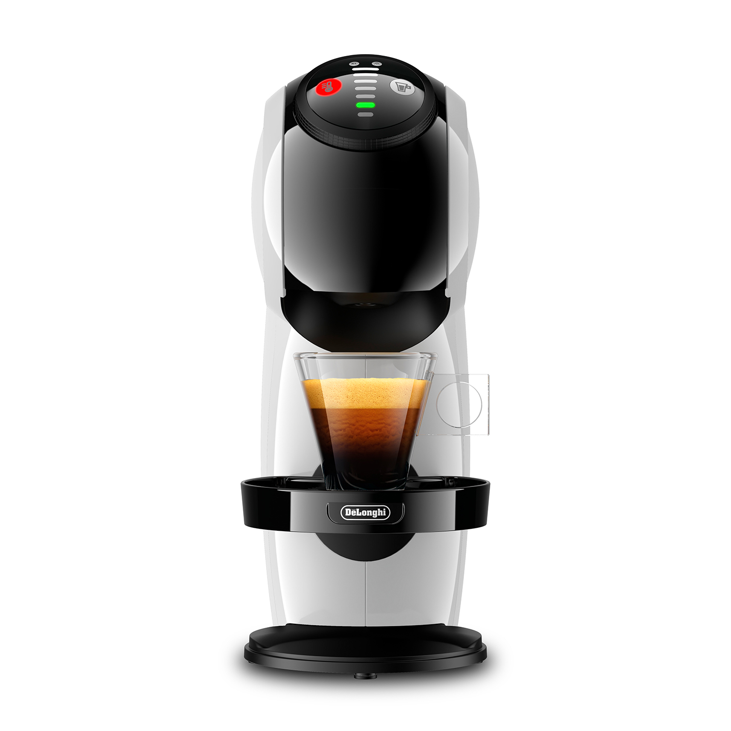 Macchina da caffè DeLonghi bianca con parte superiore nera, un bicchiere con caffè davanti.