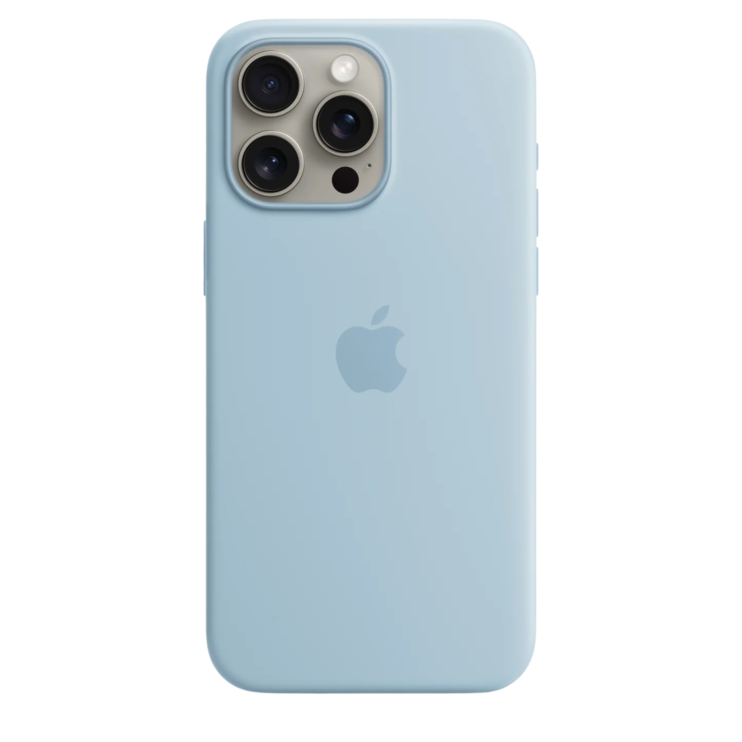 Coque iPhone bleu clair avec logo Apple et découpes caméra.