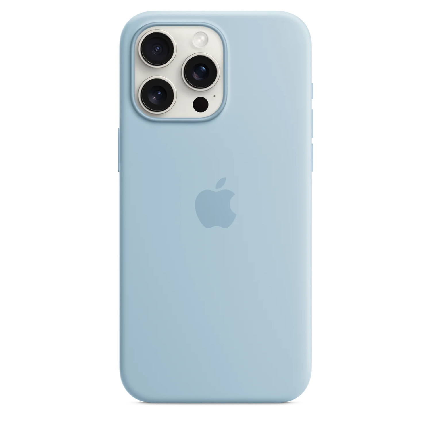 Coque iPhone bleu clair avec le logo Apple et trois lentilles. Position verticale.
