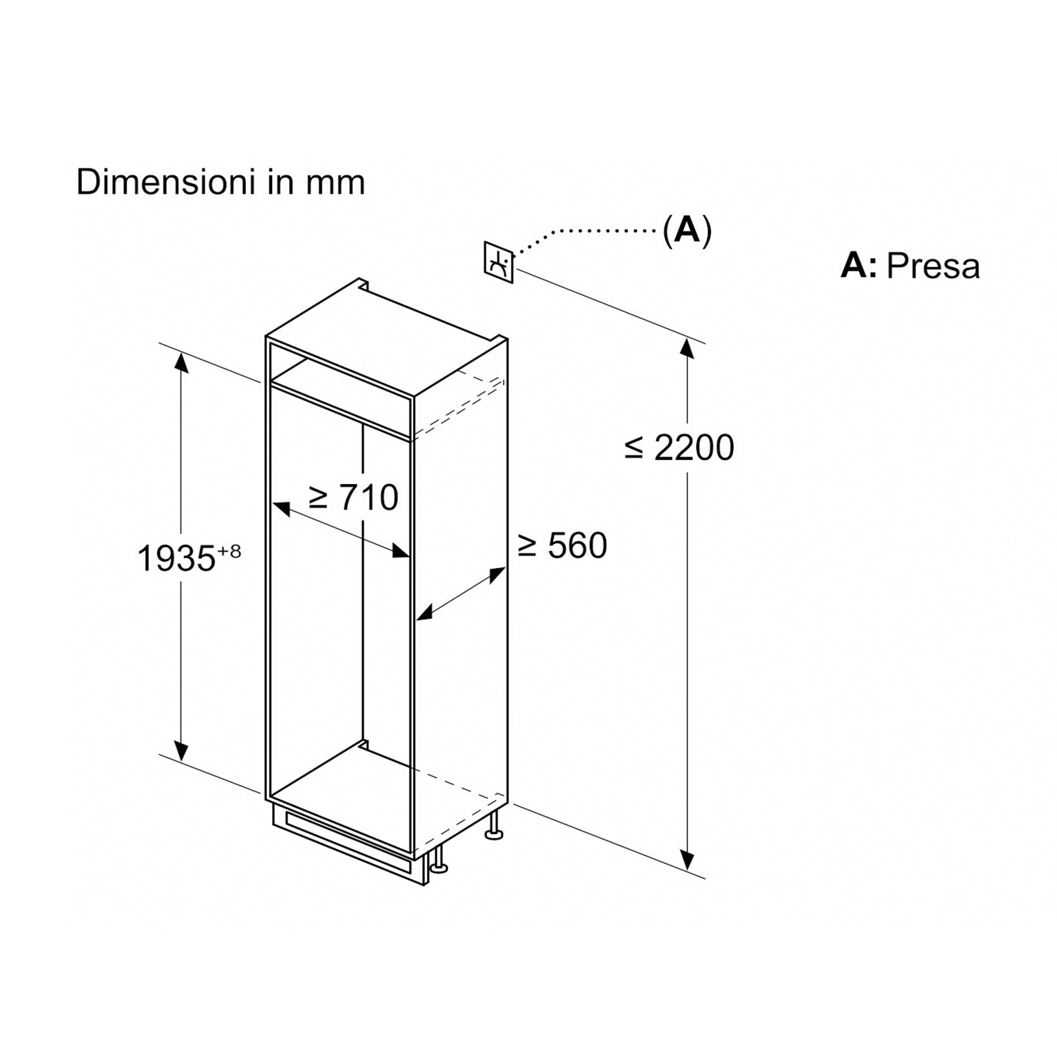 Disegno tecnico di un mobile. Mostra le dimensioni in mm e le parti etichettate. Sfondo bianco.