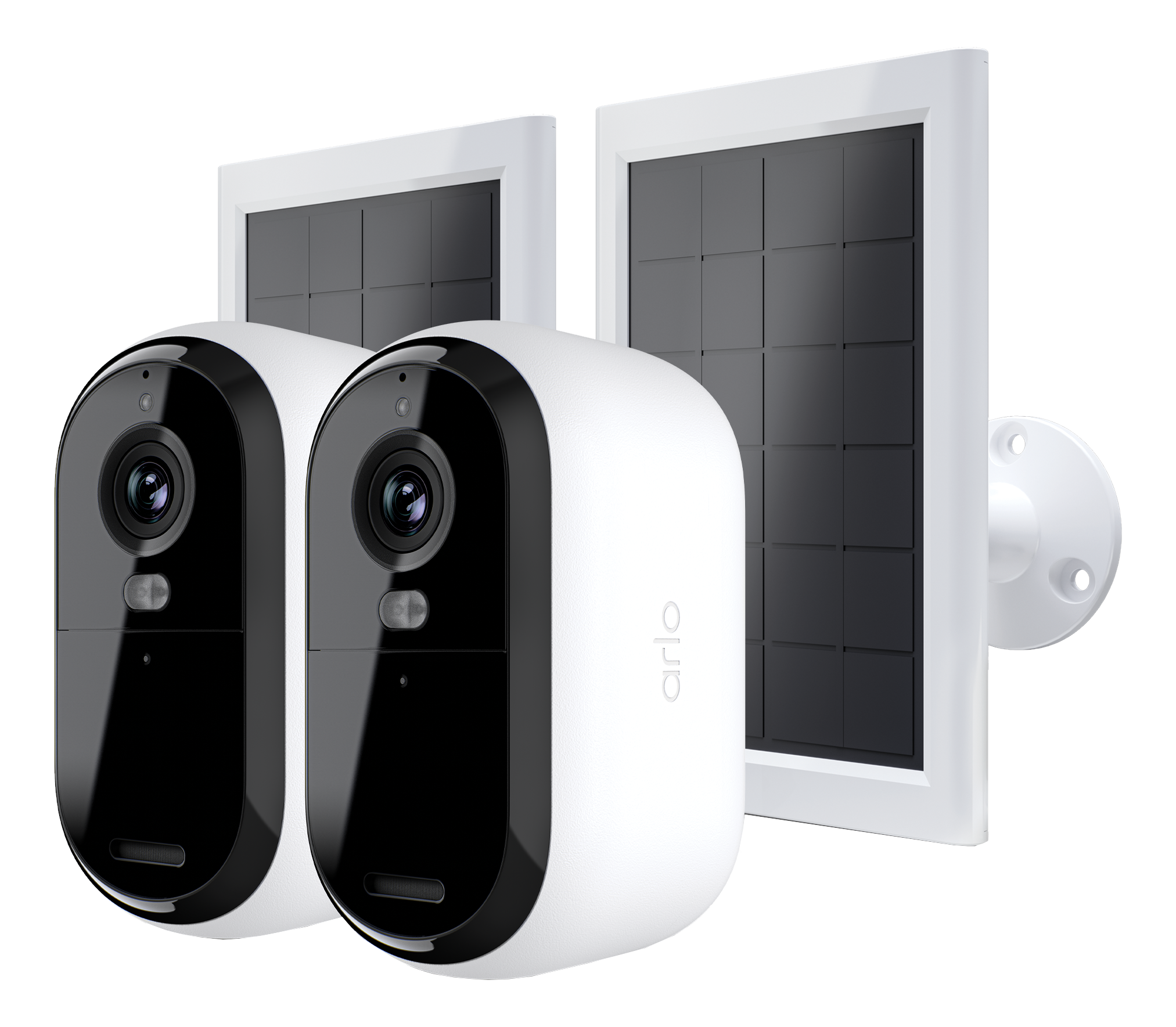 Deux caméras de sécurité Arlo blanches avec des objectifs noirs et des panneaux solaires. Elles sont sur fond blanc.