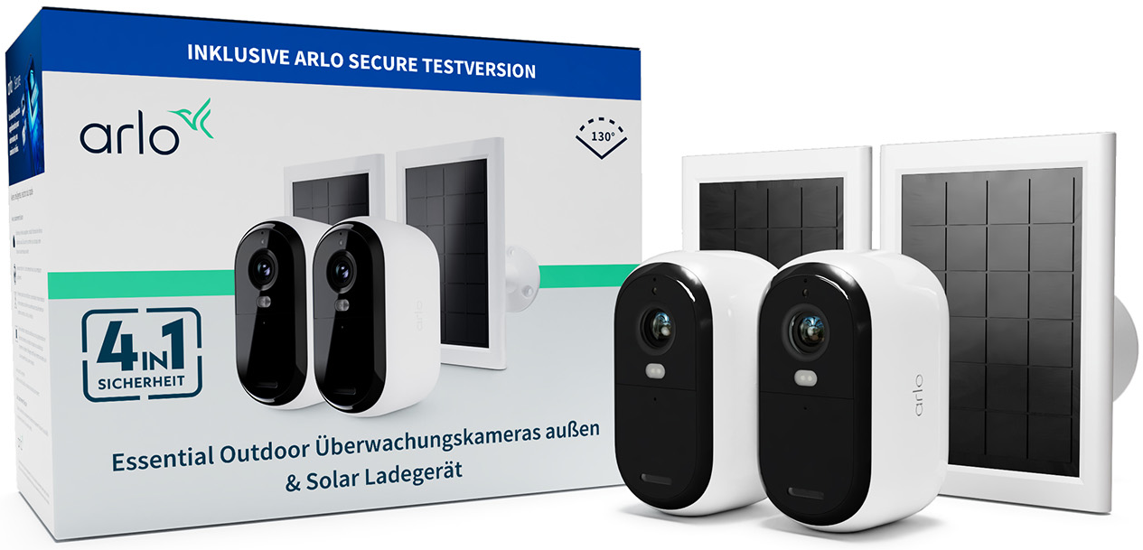 Système de caméra de sécurité Arlo avec deux caméras et panneaux solaires.