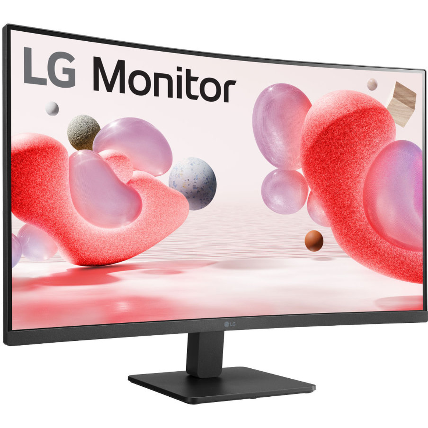 An LG monitor displays abstract art with red, pink, and purple shapes. The monitor is black and sits on a black stand.