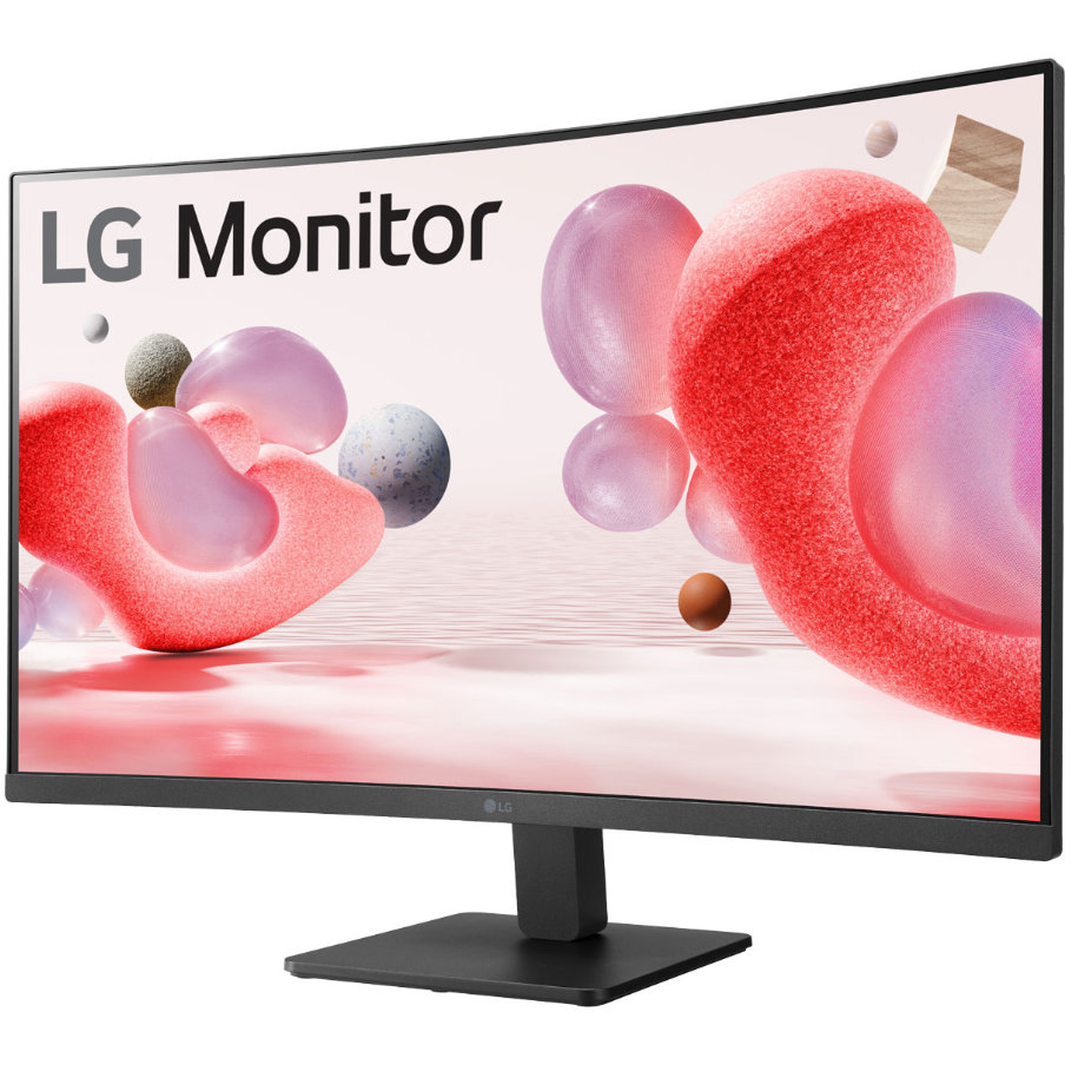 Curved LG monitor displays abstract red and pink shapes. The monitor has a black stand. The background is light pink.